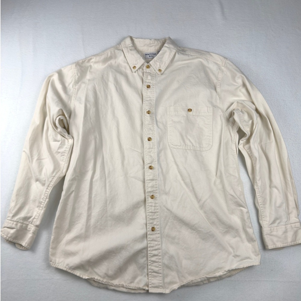 Vtg Whitefish Bay Men Large Cream Cotton Button Down Long Sleeve Shirt Off White